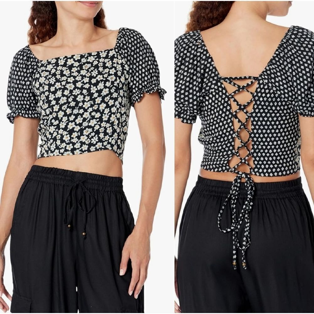 Angie Black Floral Lace Up Back Boho Cropped Top Medium